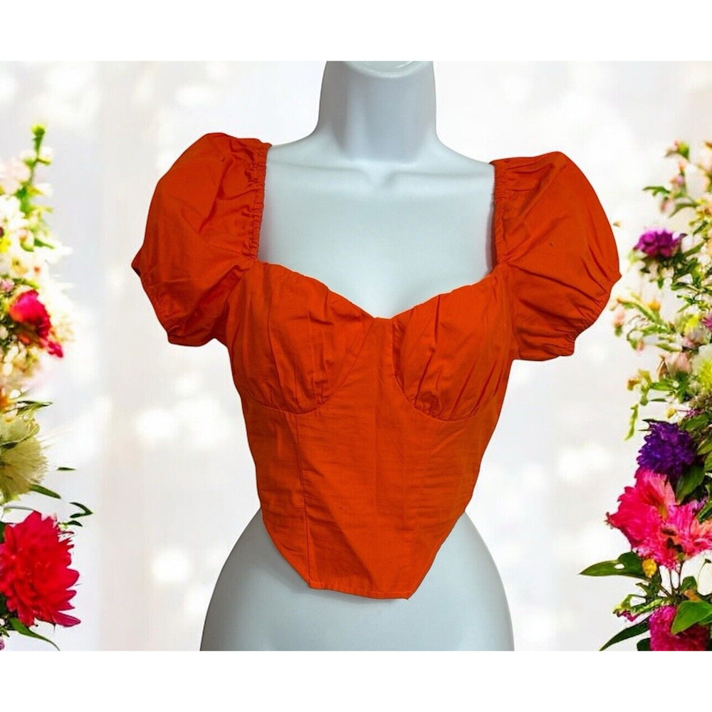 Divided By H&M Orange Corset Blouse Sz XS Puffed Sleeve Smocked Crop Top